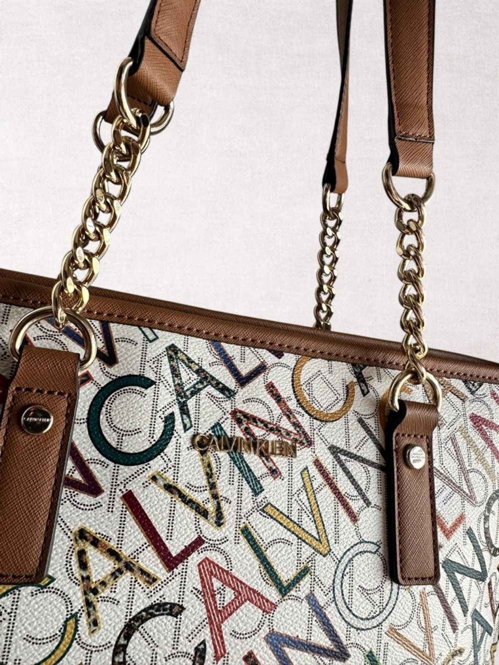 Calvin Klein White Multicolor Logo Tote with Brown Trim - Picture 2 of 8